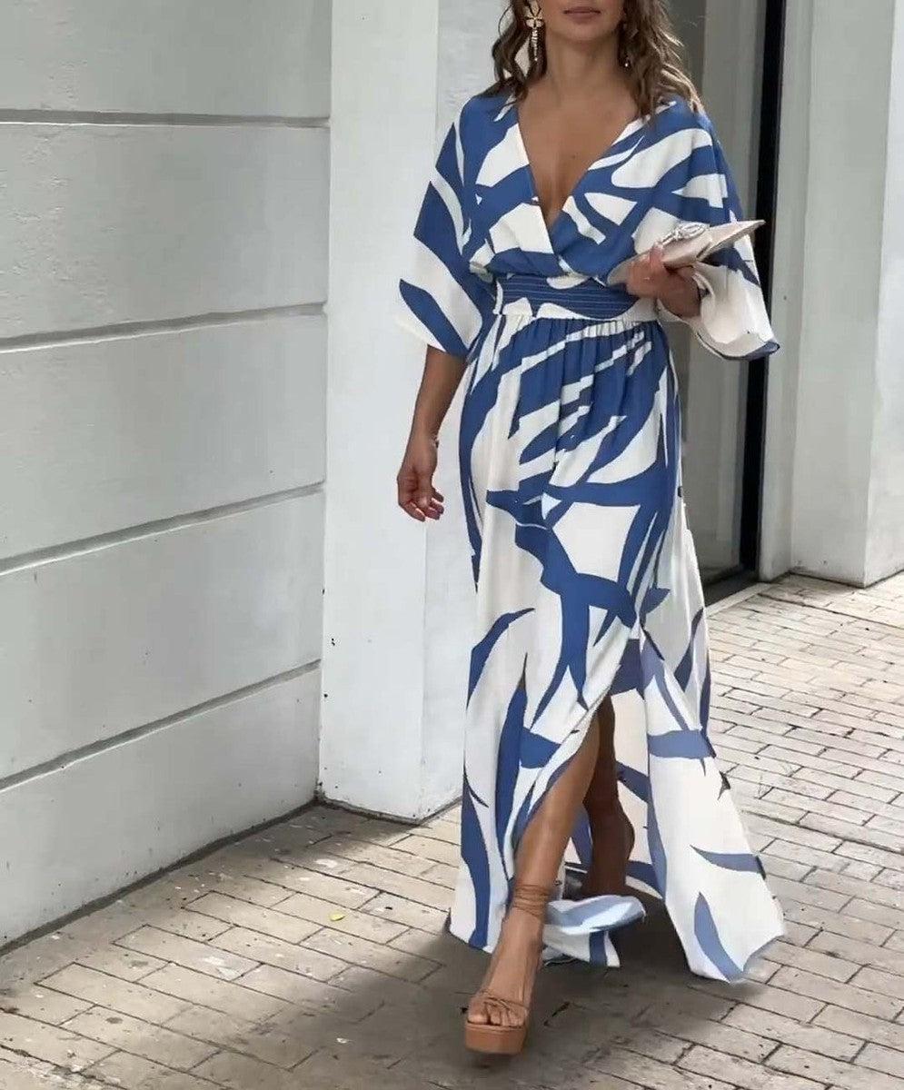 Blue Print 3/4 Sleeve Maxi Dress