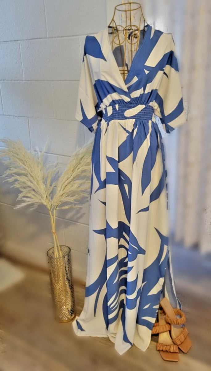 Blue Print 3/4 Sleeve Maxi Dress