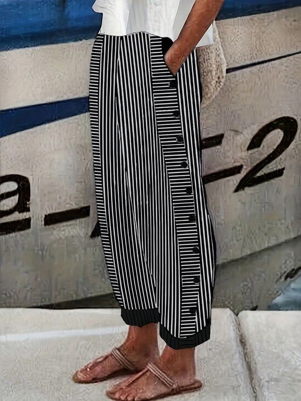 Black Striped Print Side Pocket Pants