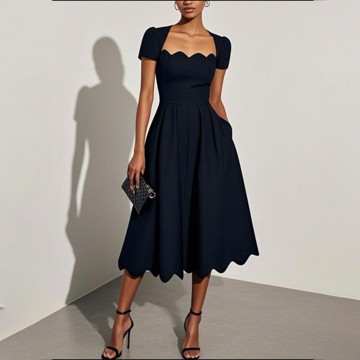 Black Short Sleeve Plain Midi Dress