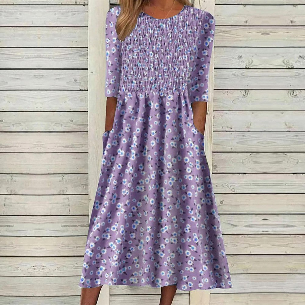 Purple Print Side Pocket Midi Dress