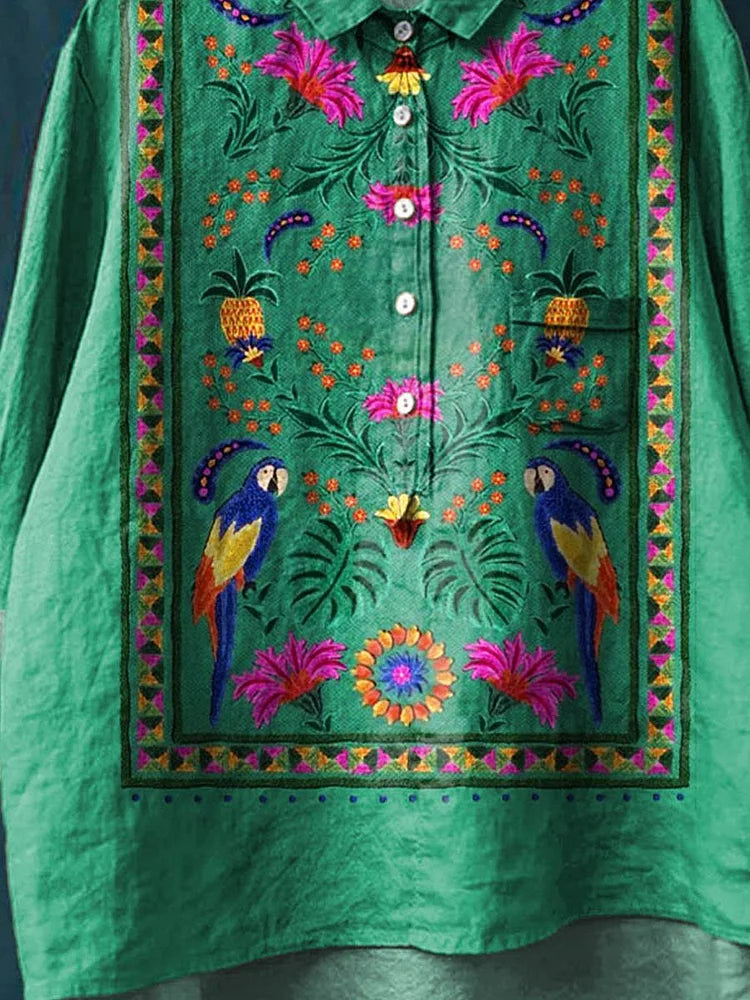 Vintage Ethnic Lovely Floral Parrots Art Print Casual Cotton And Linen Shirt