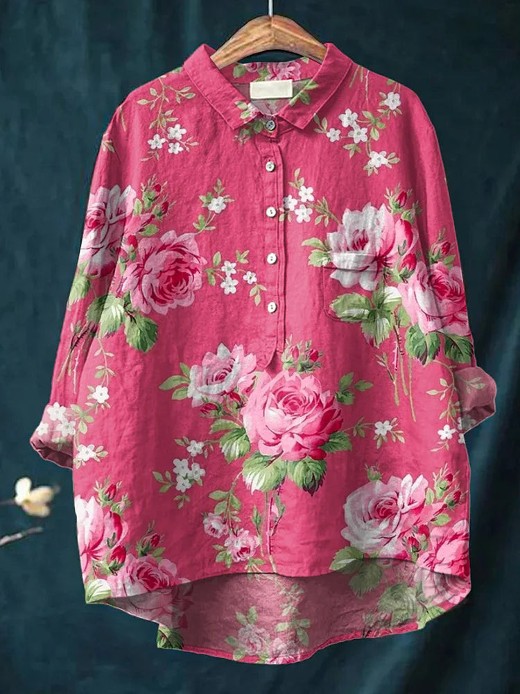 Rose Floral Pattern Casual Cotton And Linen Shirt