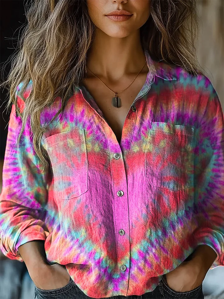 Colorful Heart Tie Dye Print Casual Long Sleeve Comfortable Cotton Shirt