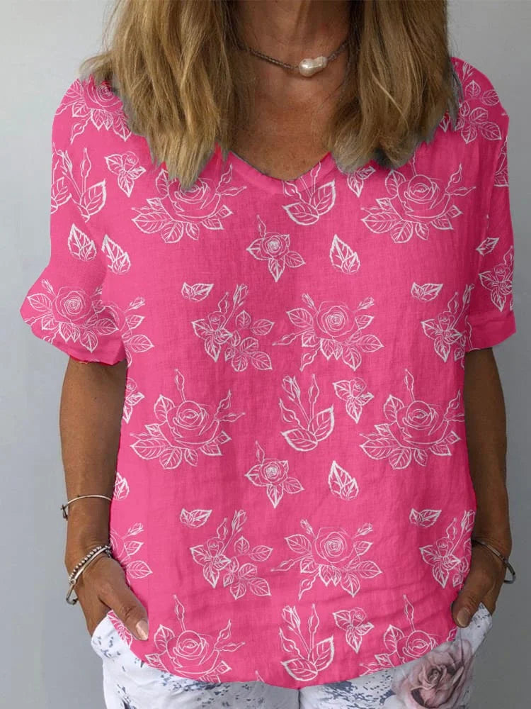 Rose Flower Pattern Cotton and Linen Short Sleeve Top