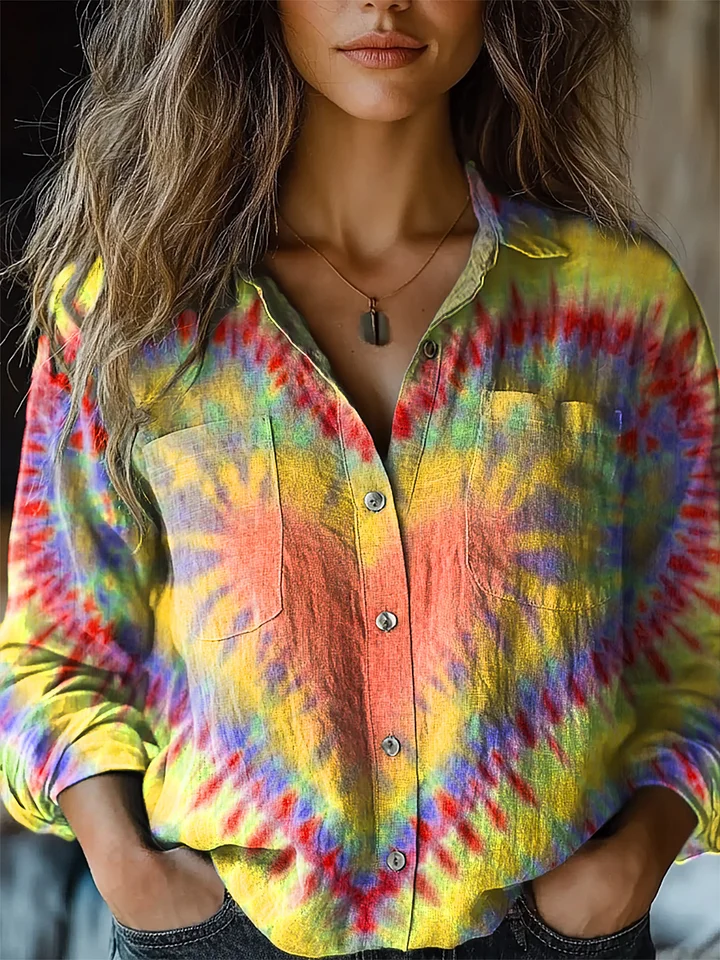 Colorful Heart Tie Dye Print Casual Long Sleeve Comfortable Cotton Shirt