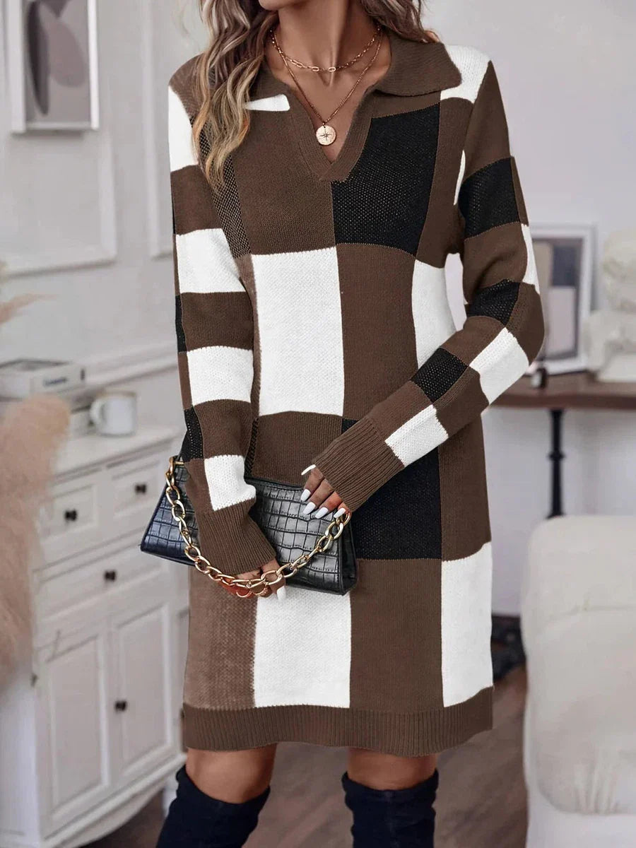 Brown V-Neck Long Sleeve Mini Dress