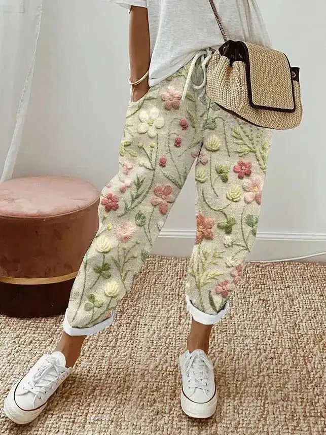 Fresh Plant Print Side Pocket Pants