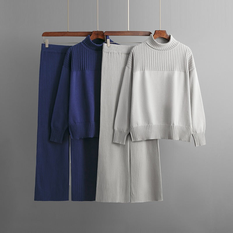 Fresh Dark Blue Plain Long Sleeve Two Piece Set