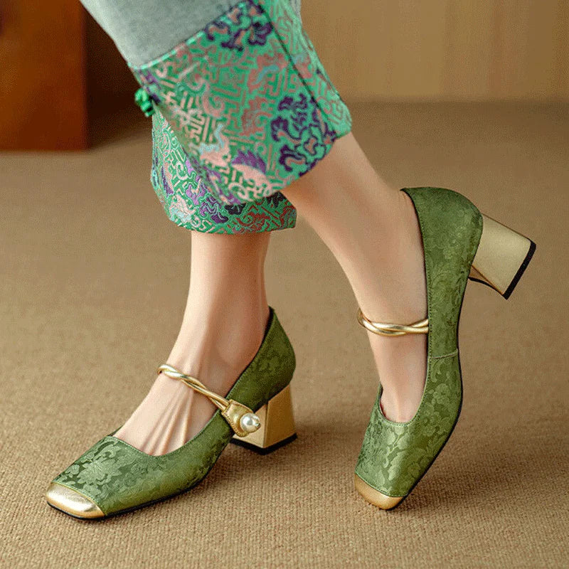 Casvian Floral Embossed Square Toe Heels