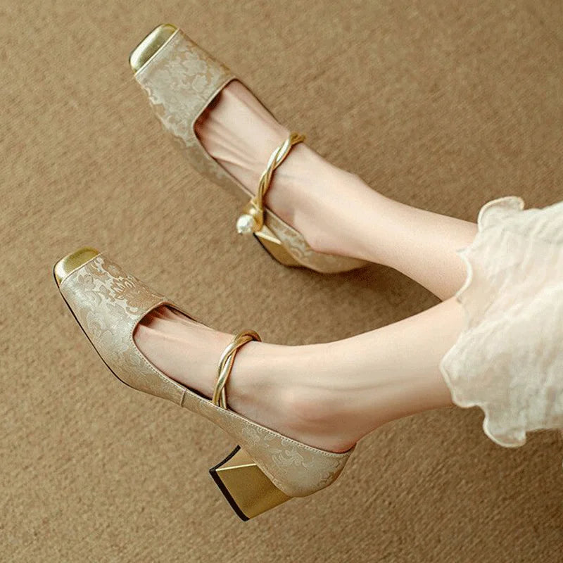 Casvian Floral Embossed Square Toe Heels