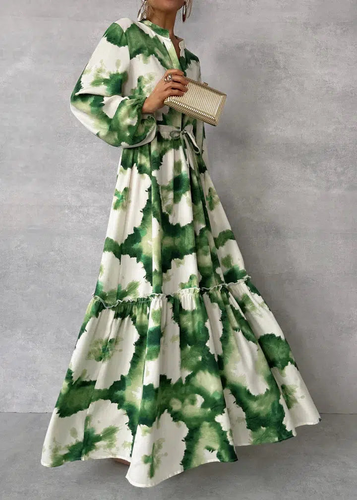 Green Long Sleeve V-Neck Maxi Dress