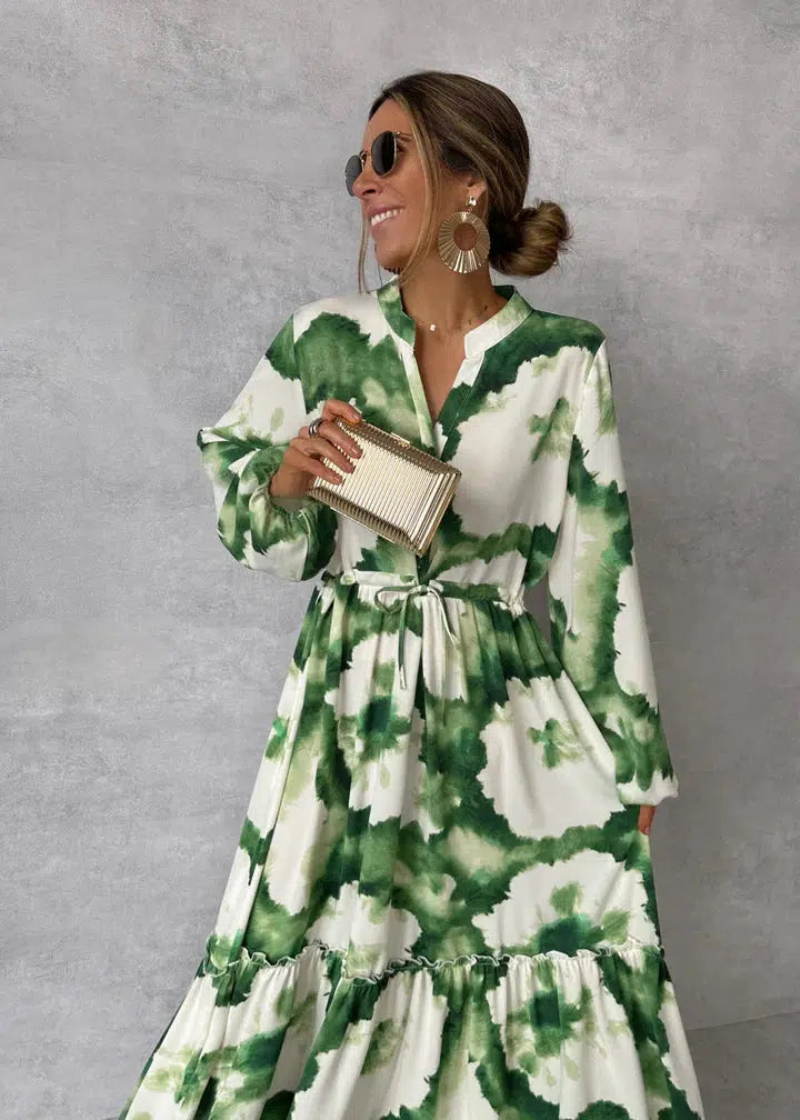 Green Long Sleeve V-Neck Maxi Dress