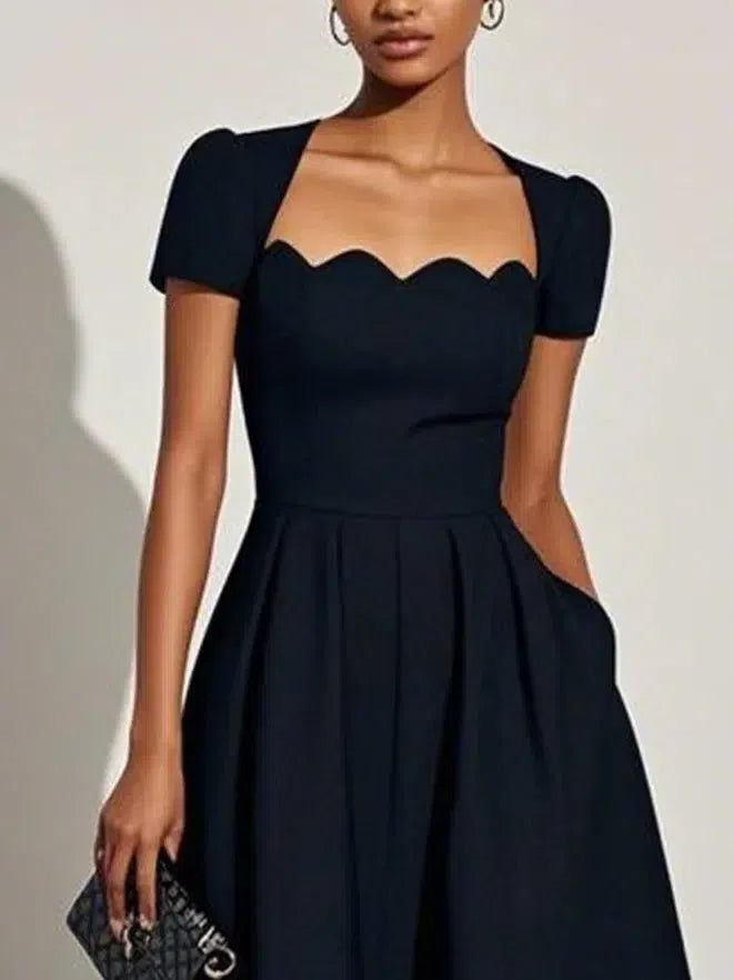 Black Short Sleeve Plain Midi Dress