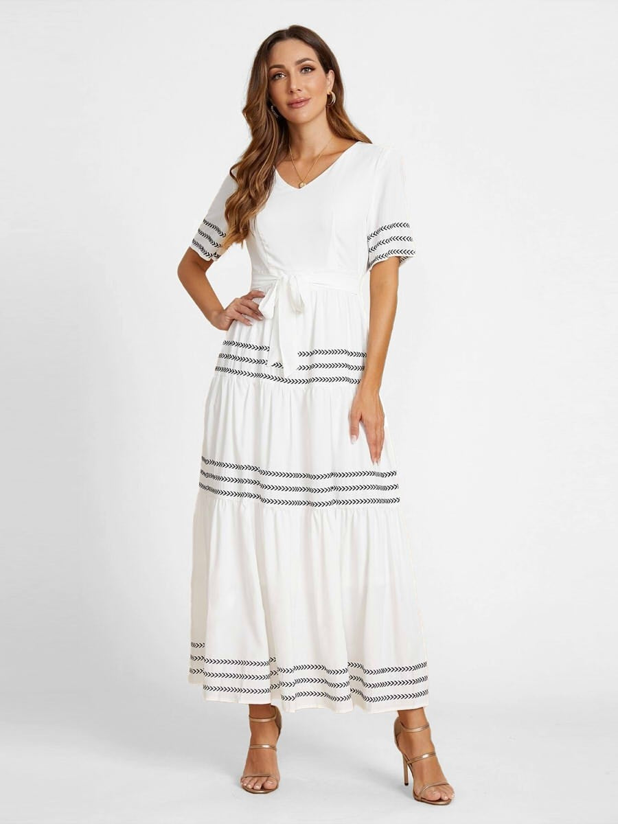 White Half Sleeve V-neck Modest Maxi Dress With Sashes