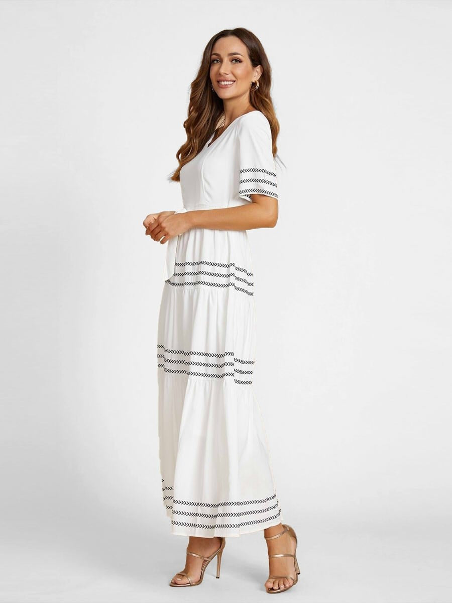 White Half Sleeve V-neck Modest Maxi Dress With Sashes