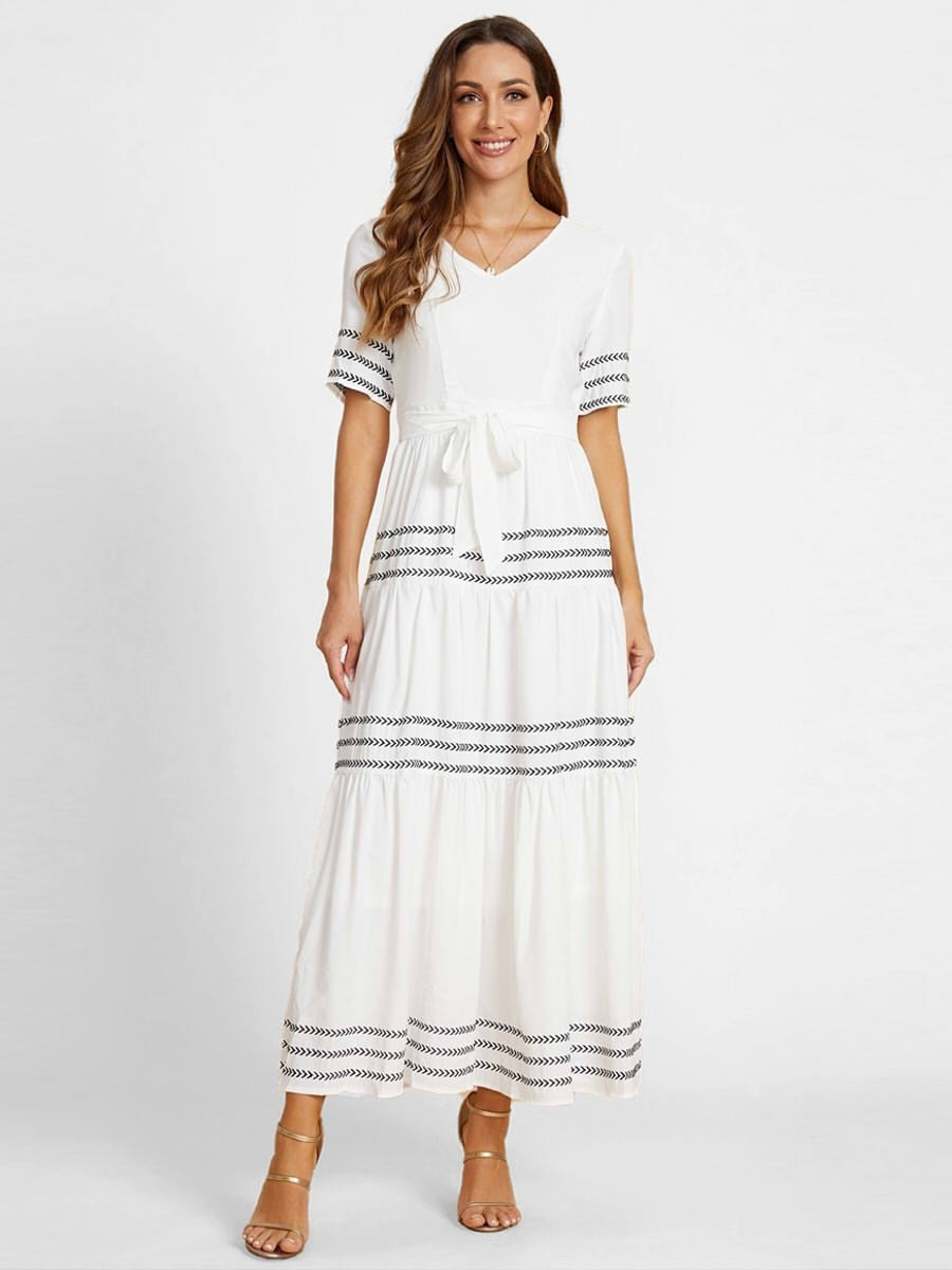 White Half Sleeve V-neck Modest Maxi Dress With Sashes