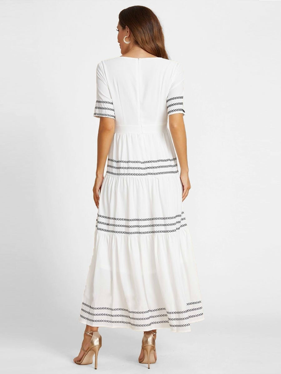 White Half Sleeve V-neck Modest Maxi Dress With Sashes