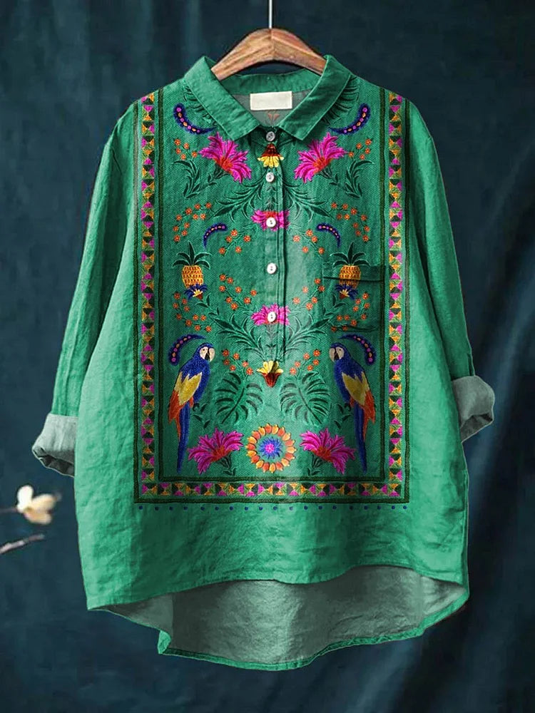 Vintage Ethnic Lovely Floral Parrots Art Print Casual Cotton And Linen Shirt