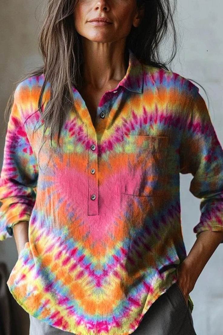 Heart Tie Dye Pattern Pattern Casual Cotton And Linen Shirt