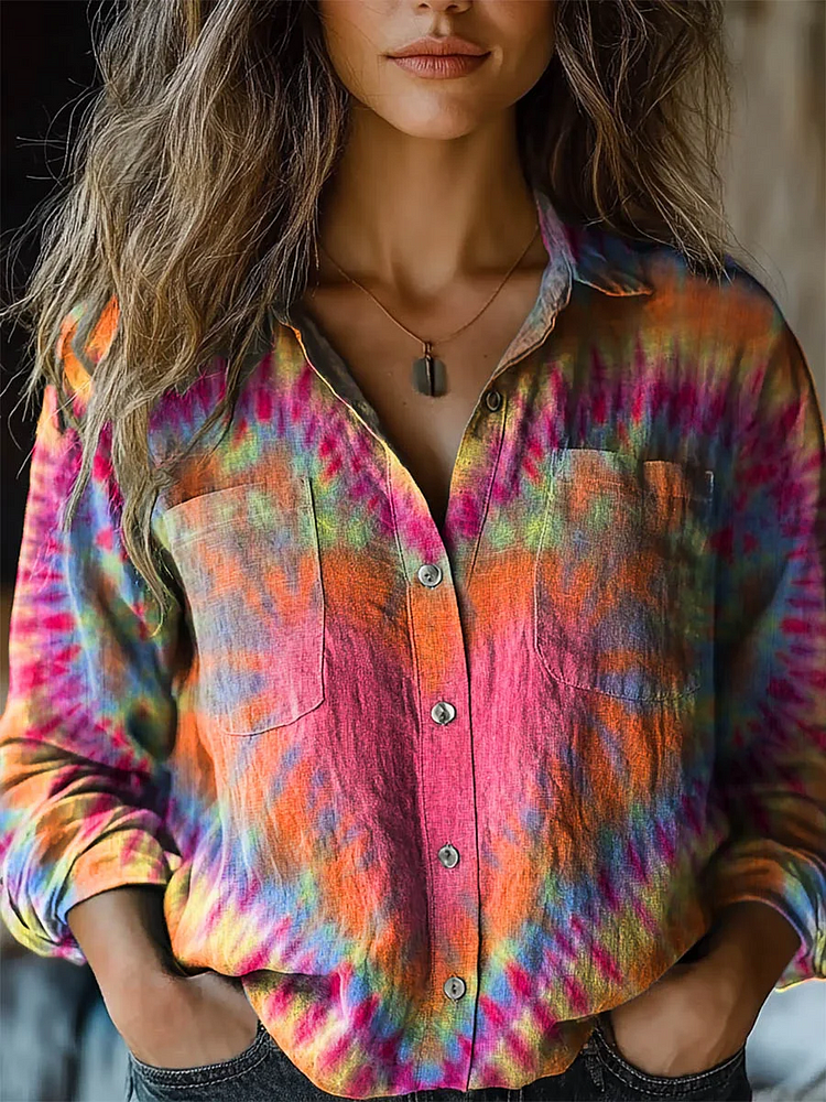 Colorful Heart Tie Dye Print Casual Long Sleeve Comfortable Cotton Shirt