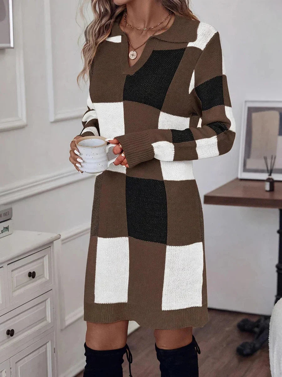 Brown V-Neck Long Sleeve Mini Dress