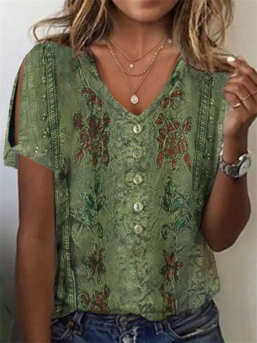 Loose Casual V Neck Printed Shirt