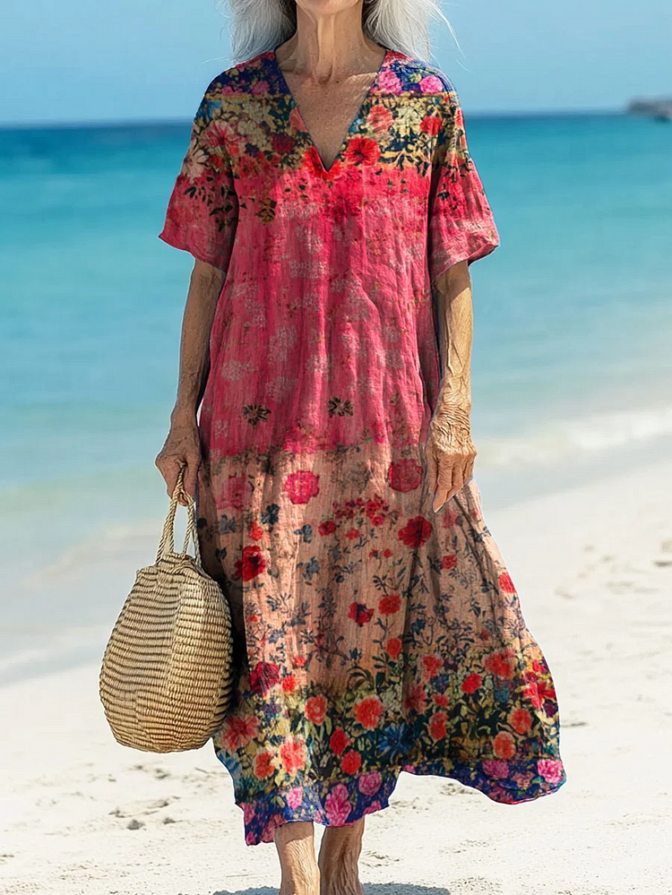 Seaside Vacation Retro Art Floral Pattern Print Flowy Dress