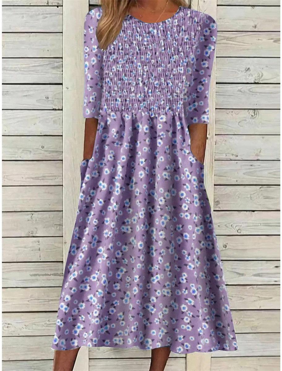 Purple Print Side Pocket Midi Dress