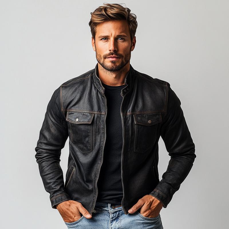 Men's Fashion Multi-Pocket Stand Collar Leather Jacket